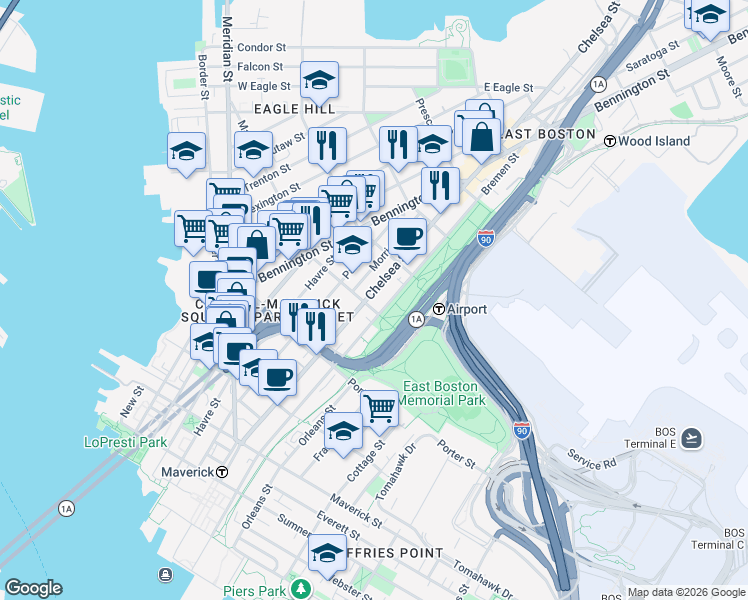 map of restaurants, bars, coffee shops, grocery stores, and more near 217 Chelsea Street in Boston