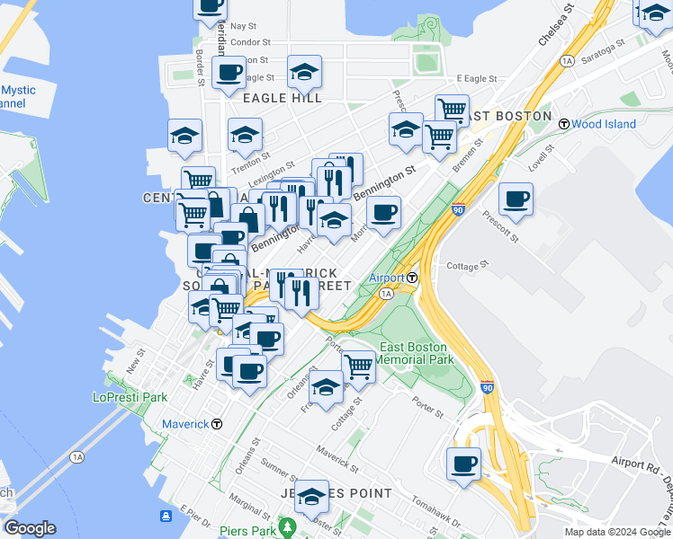 map of restaurants, bars, coffee shops, grocery stores, and more near 223 Marion Street in Boston