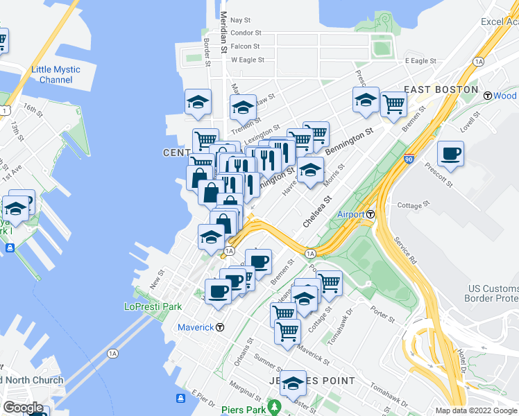 map of restaurants, bars, coffee shops, grocery stores, and more near 67 Bennington Street in Boston