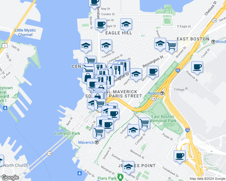 map of restaurants, bars, coffee shops, grocery stores, and more near 67 Bennington Street in Boston