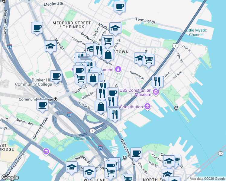map of restaurants, bars, coffee shops, grocery stores, and more near 47 Soley Street in Boston