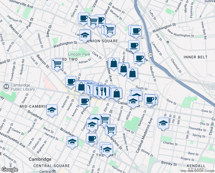 map of restaurants, bars, coffee shops, grocery stores, and more near 1 Tremont Place in Somerville