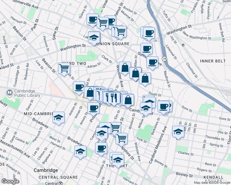 map of restaurants, bars, coffee shops, grocery stores, and more near 1 Tremont Place in Somerville