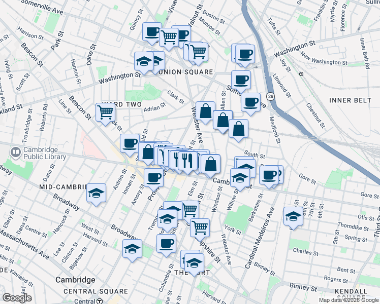 map of restaurants, bars, coffee shops, grocery stores, and more near 1 Tremont Place in Somerville