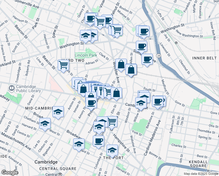 map of restaurants, bars, coffee shops, grocery stores, and more near 110 Prospect Street in Somerville