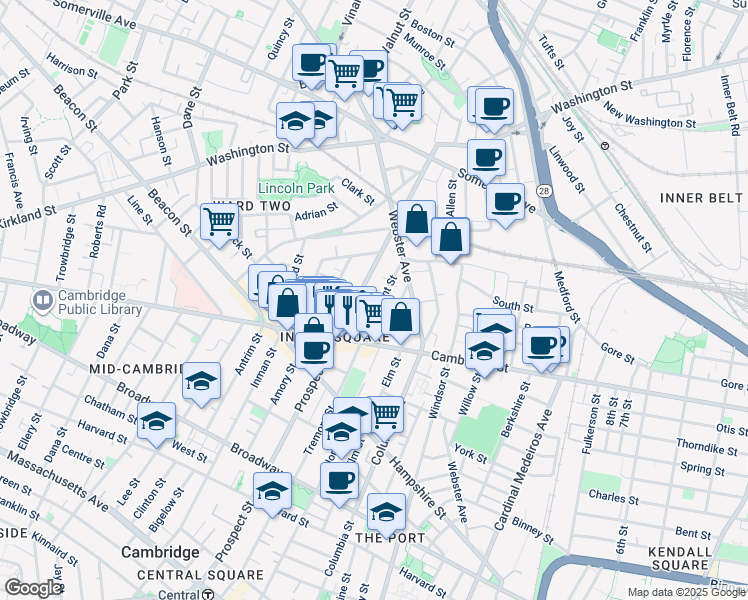 map of restaurants, bars, coffee shops, grocery stores, and more near 110 Prospect Street in Somerville