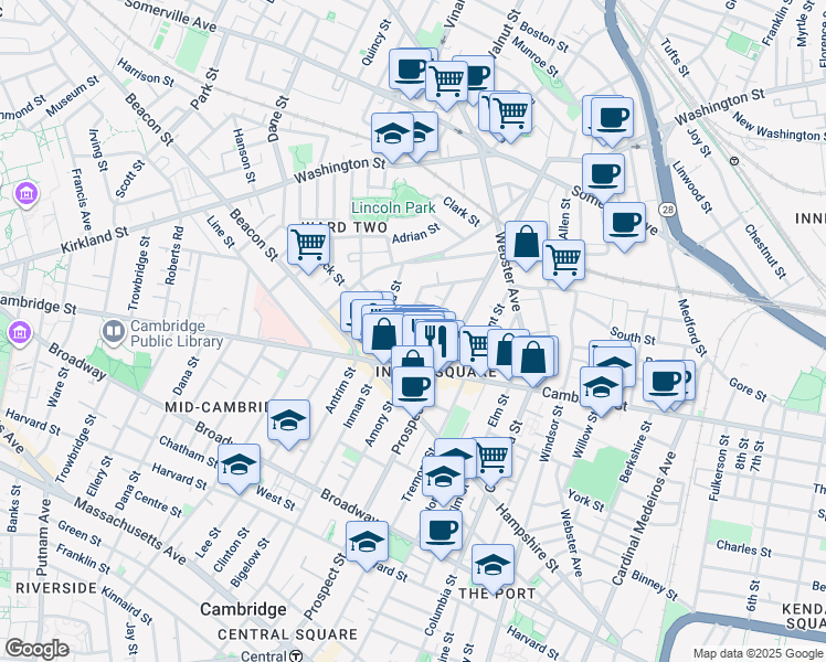 map of restaurants, bars, coffee shops, grocery stores, and more near 25 Houghton Street in Somerville