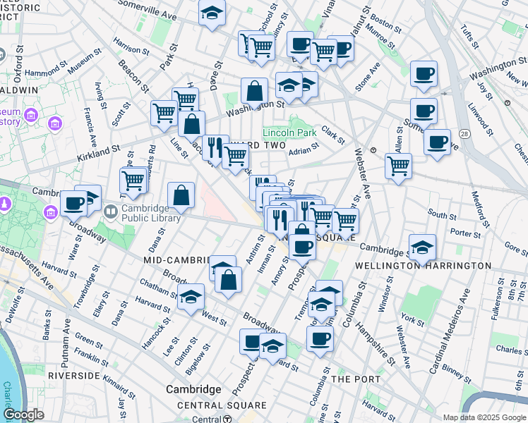 map of restaurants, bars, coffee shops, grocery stores, and more near 17 Hammond Street in Somerville