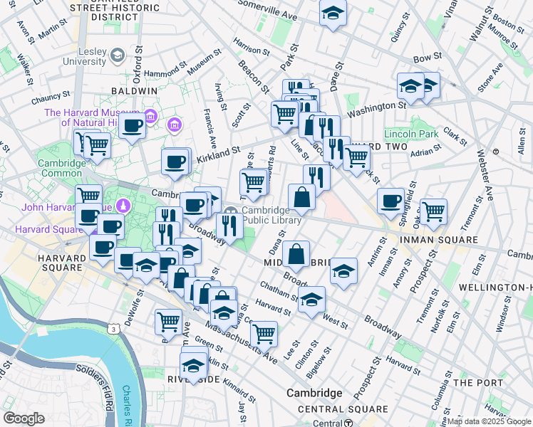 map of restaurants, bars, coffee shops, grocery stores, and more near 1629 Cambridge Street in Cambridge