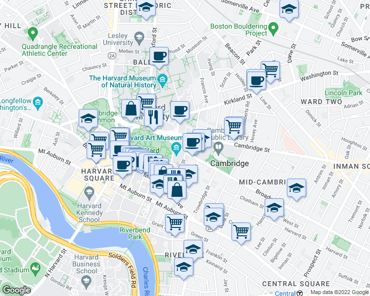 map of restaurants, bars, coffee shops, grocery stores, and more near 95 Prescott Street in Cambridge