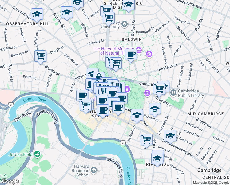 map of restaurants, bars, coffee shops, grocery stores, and more near Garden Street in Cambridge