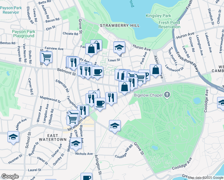 map of restaurants, bars, coffee shops, grocery stores, and more near 82 Belmont Street in Watertown