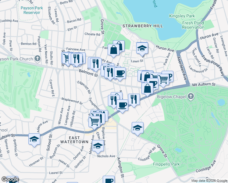 map of restaurants, bars, coffee shops, grocery stores, and more near 15 Keith Street in Watertown