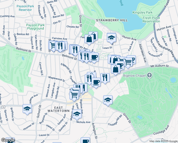 map of restaurants, bars, coffee shops, grocery stores, and more near 15 Keith Street in Watertown