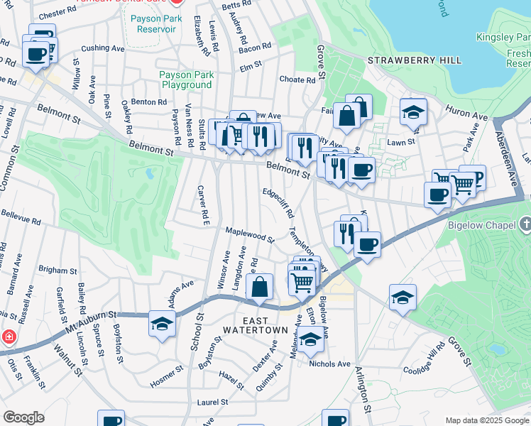 map of restaurants, bars, coffee shops, grocery stores, and more near 129 Hillside Road in Watertown