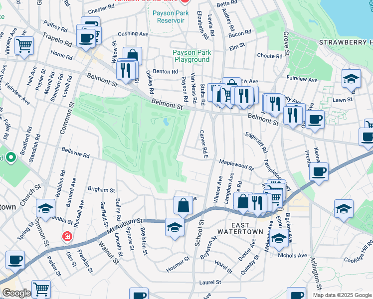 map of restaurants, bars, coffee shops, grocery stores, and more near 61 Carver Road in Watertown