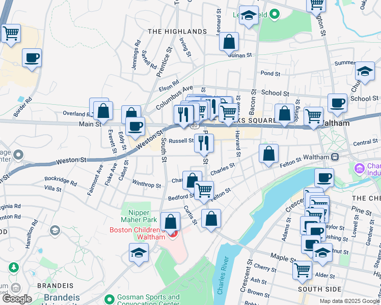 map of restaurants, bars, coffee shops, grocery stores, and more near 136 Russell Street in Waltham