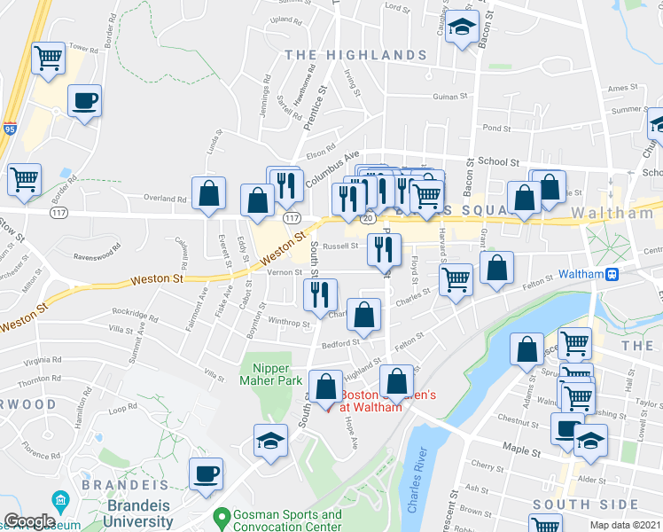 map of restaurants, bars, coffee shops, grocery stores, and more near 136 Russell Street in Waltham