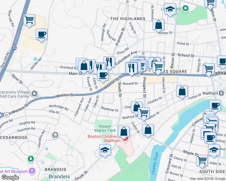map of restaurants, bars, coffee shops, grocery stores, and more near 48 U.S. 20 in Waltham