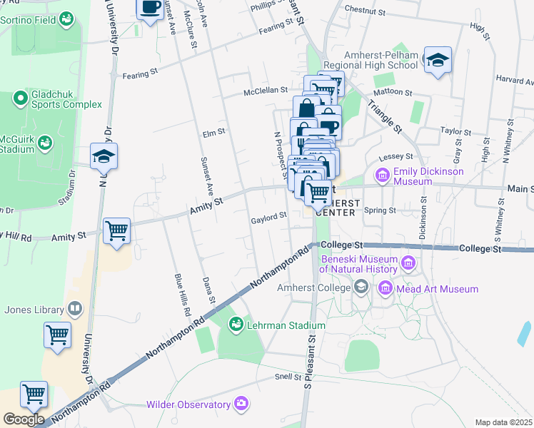 map of restaurants, bars, coffee shops, grocery stores, and more near 19 South Prospect Street in Amherst