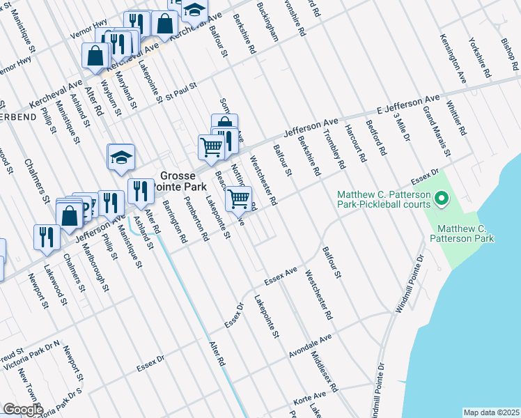 map of restaurants, bars, coffee shops, grocery stores, and more near 909 Westchester Road in Grosse Pointe Park