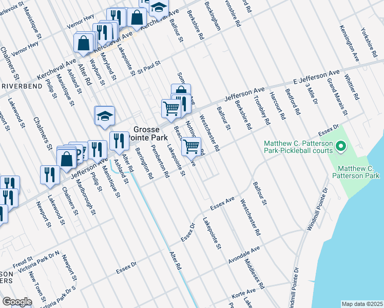 map of restaurants, bars, coffee shops, grocery stores, and more near 935 Nottingham Road in Grosse Pointe Park