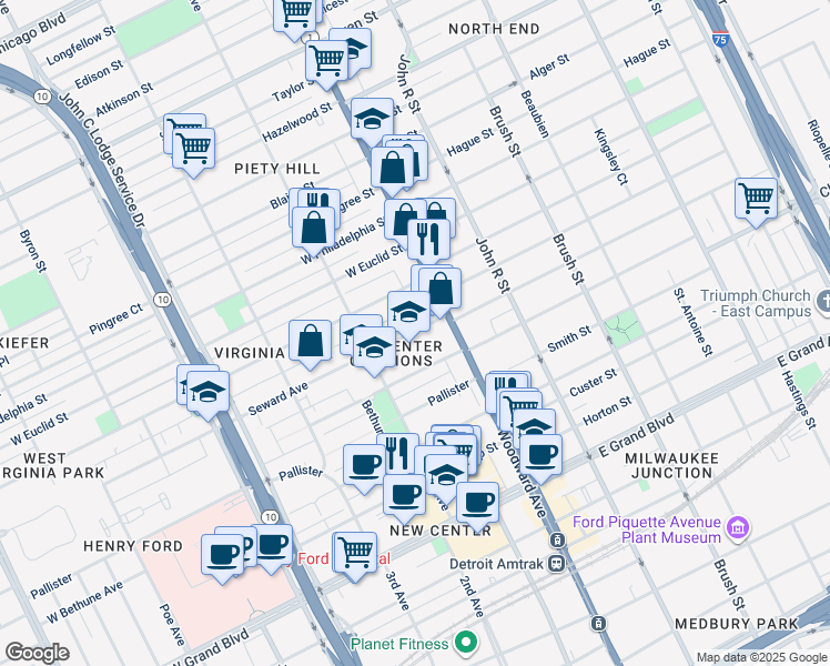 map of restaurants, bars, coffee shops, grocery stores, and more near 54 Seward Avenue in Detroit