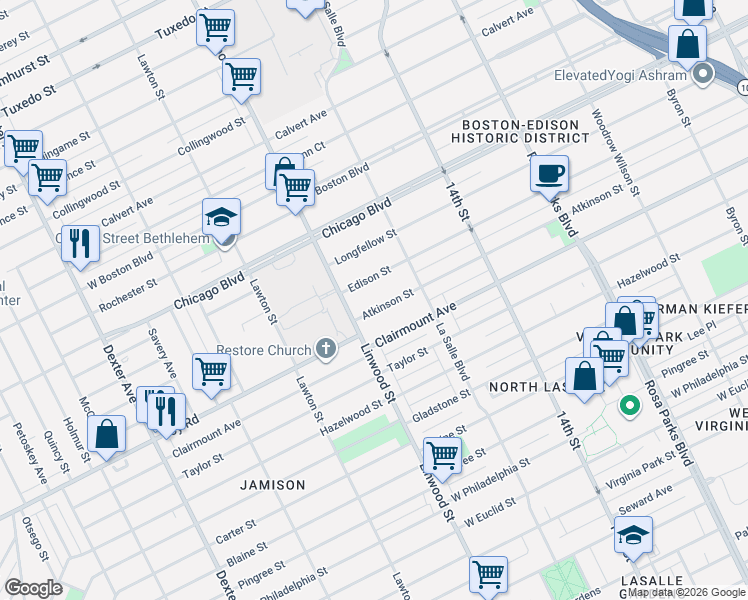 map of restaurants, bars, coffee shops, grocery stores, and more near 2461 Edison Street in Detroit