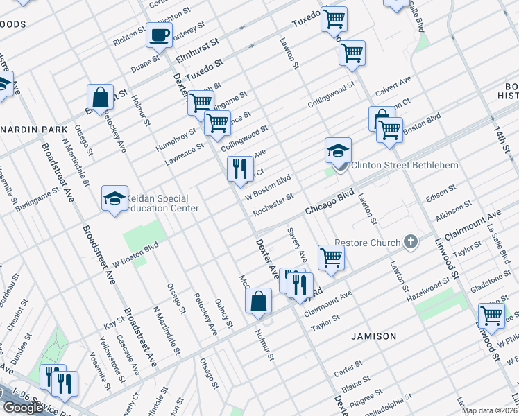 map of restaurants, bars, coffee shops, grocery stores, and more near 3353 West Boston Boulevard in Detroit