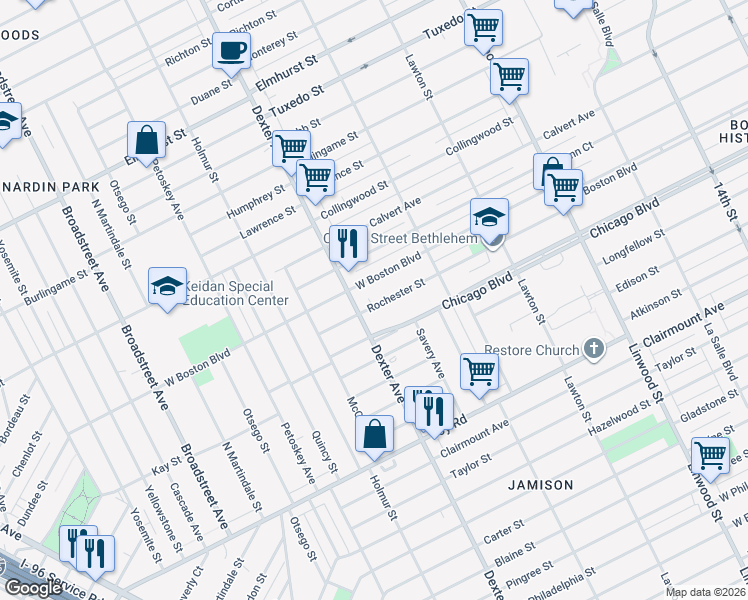 map of restaurants, bars, coffee shops, grocery stores, and more near 3353 West Boston Boulevard in Detroit