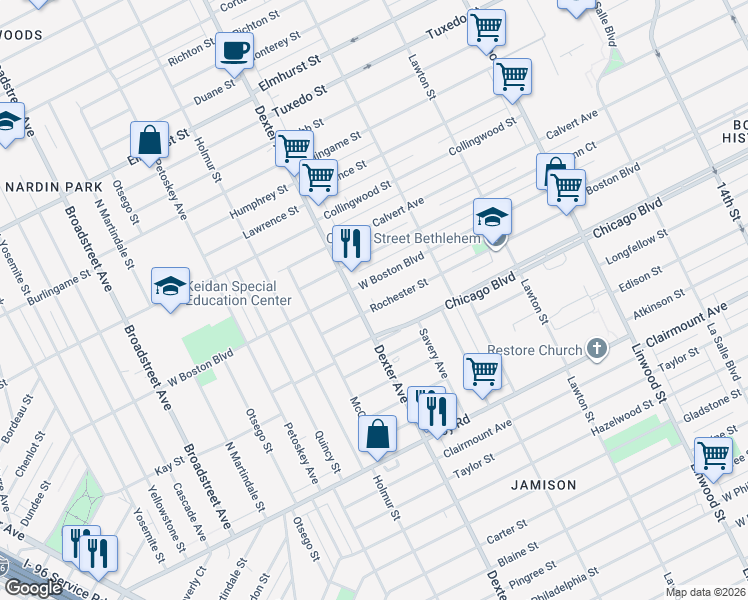 map of restaurants, bars, coffee shops, grocery stores, and more near 3353 West Boston Boulevard in Detroit
