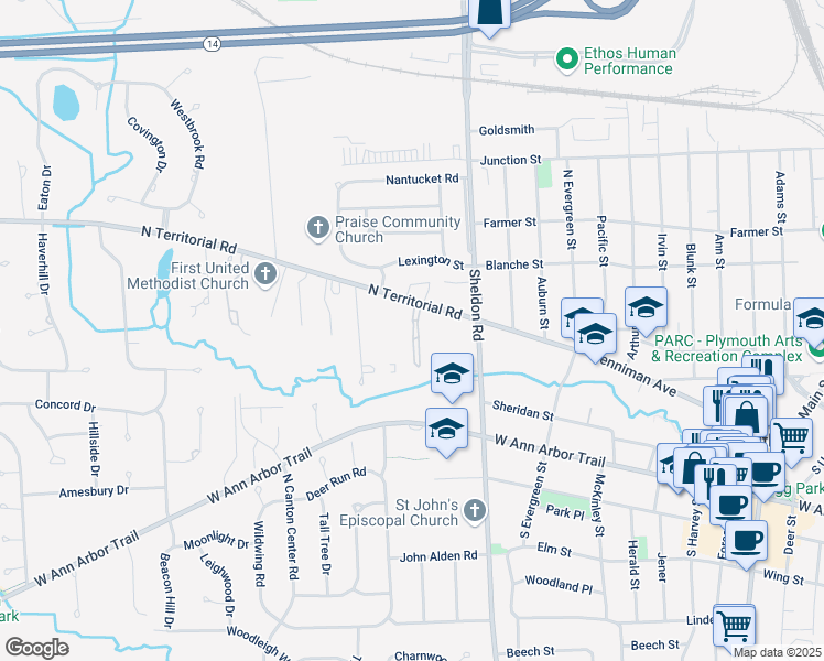 map of restaurants, bars, coffee shops, grocery stores, and more near 12916 Heritage in Plymouth