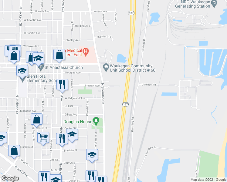 map of restaurants, bars, coffee shops, grocery stores, and more near Amstutz Expressway in Waukegan