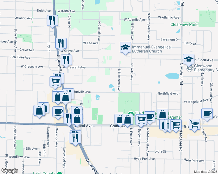 map of restaurants, bars, coffee shops, grocery stores, and more near 3040 West Grandville Avenue in Waukegan