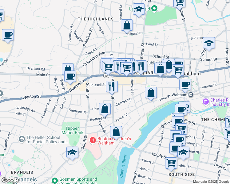 map of restaurants, bars, coffee shops, grocery stores, and more near 44 Prospect Street in Waltham