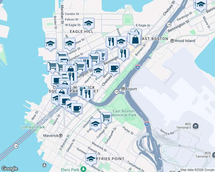 map of restaurants, bars, coffee shops, grocery stores, and more near 217 Chelsea Street in Boston