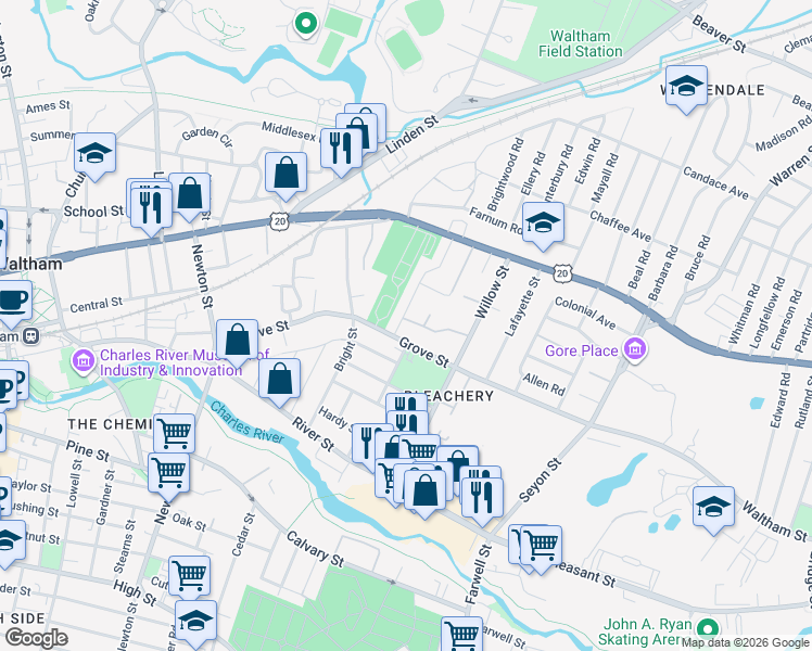 map of restaurants, bars, coffee shops, grocery stores, and more near 81 Potter Road in Waltham