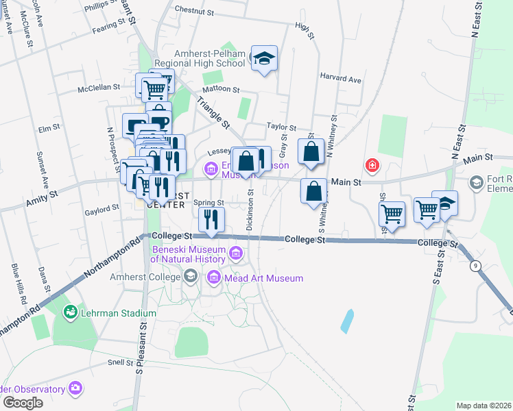 map of restaurants, bars, coffee shops, grocery stores, and more near 24 Dickinson Street in Amherst