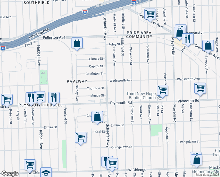 map of restaurants, bars, coffee shops, grocery stores, and more near 11816 Schaefer Highway in Detroit