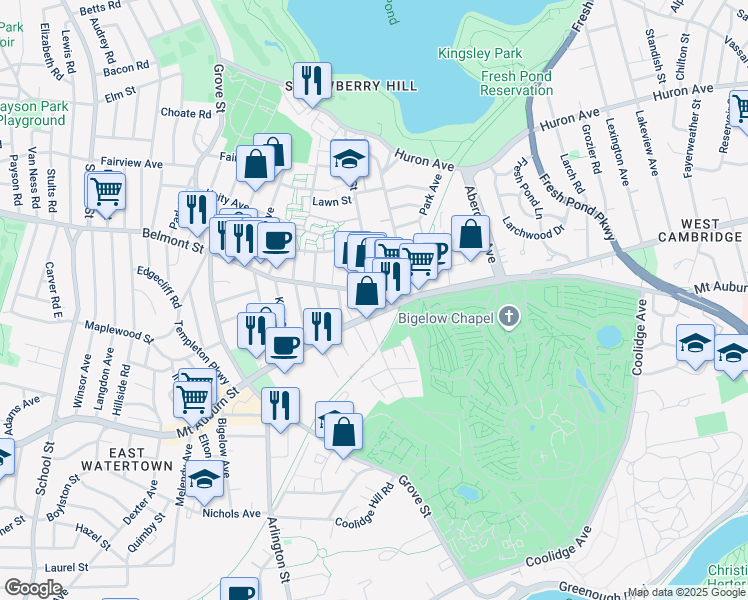 map of restaurants, bars, coffee shops, grocery stores, and more near 21 Belmont Street in Cambridge