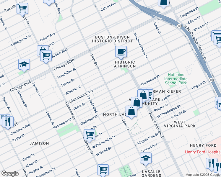 map of restaurants, bars, coffee shops, grocery stores, and more near 2080 Taylor Street in Detroit