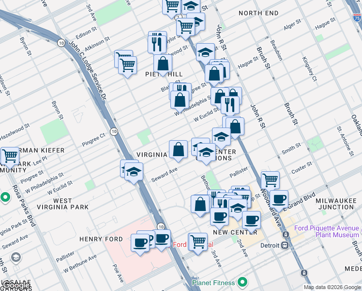 map of restaurants, bars, coffee shops, grocery stores, and more near 680 Virginia Park Street in Detroit