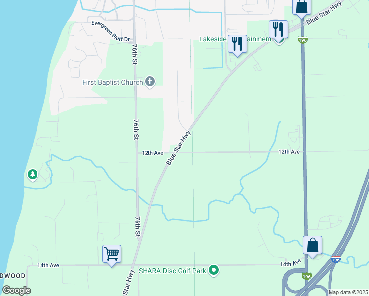 map of restaurants, bars, coffee shops, grocery stores, and more near 11565 Blue Star Memorial Highway in South Haven