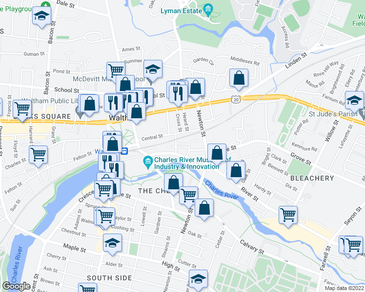 map of restaurants, bars, coffee shops, grocery stores, and more near 30A Amory Road in Waltham