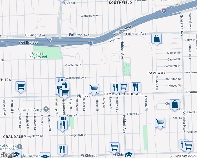 map of restaurants, bars, coffee shops, grocery stores, and more near 12001 Terry Street in Detroit