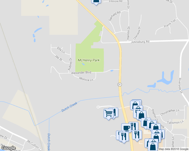 map of restaurants, bars, coffee shops, grocery stores, and more near 3706 Monica Lane in Johnsburg