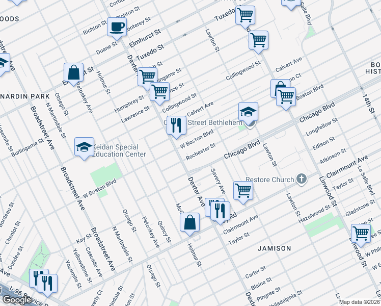 map of restaurants, bars, coffee shops, grocery stores, and more near 3353 West Boston Boulevard in Detroit
