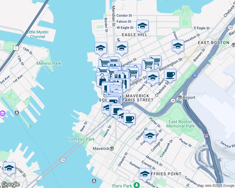 map of restaurants, bars, coffee shops, grocery stores, and more near 15 Meridian Street in Boston