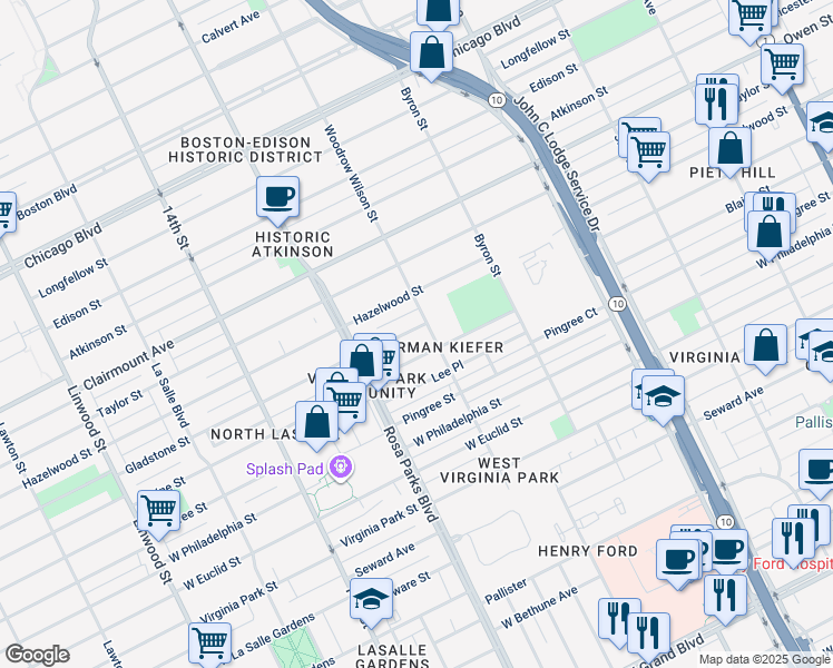 map of restaurants, bars, coffee shops, grocery stores, and more near 1620 Gladstone Street in Detroit