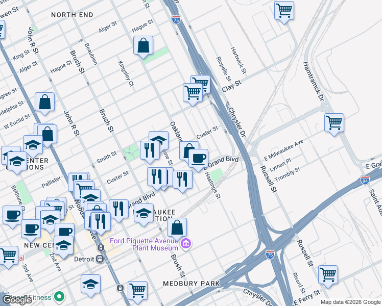 map of restaurants, bars, coffee shops, grocery stores, and more near 7451 Oakland Avenue in Detroit